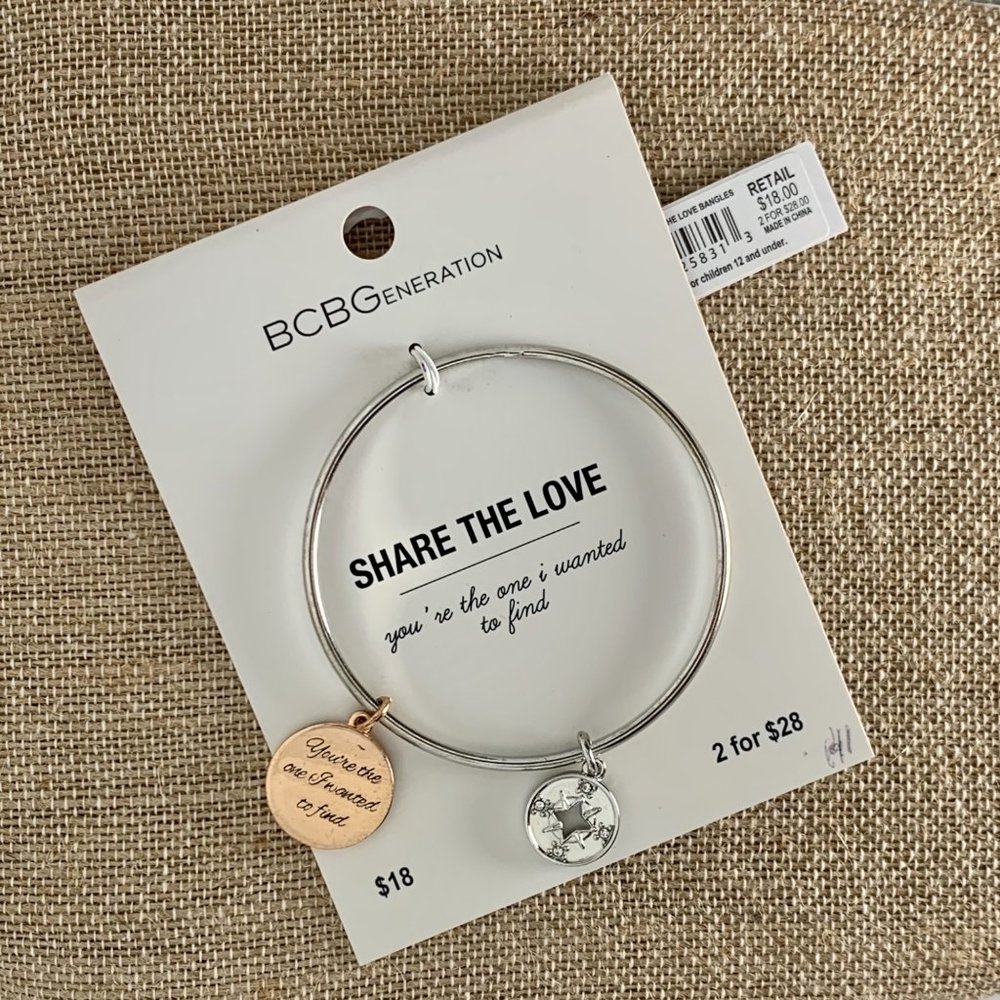 BCBG NWT Silver Bangle Charm Bracelet "Your The One I Wanted To Find" 2 Charms